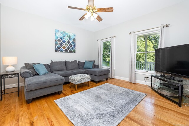 living room with hardwood / wood-style flooring and ceiling fan