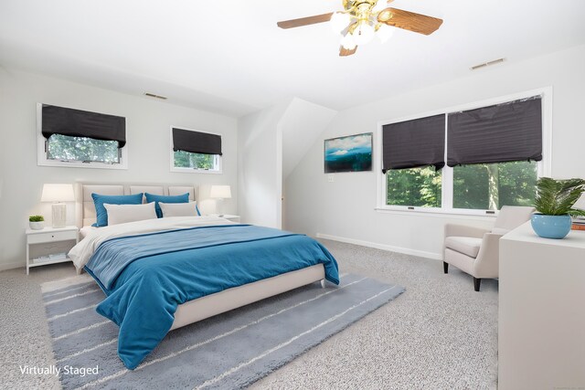 bedroom featuring carpet flooring and ceiling fan