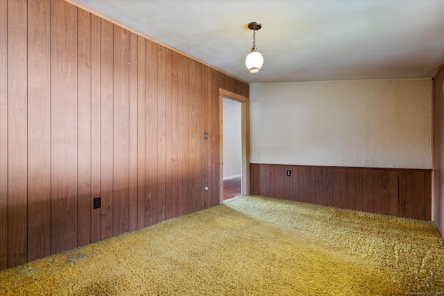 carpeted empty room with wooden walls