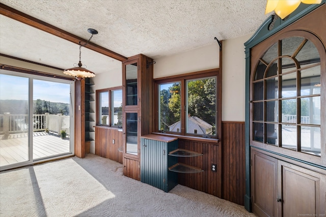 home office with light carpet, a textured ceiling, and wood walls