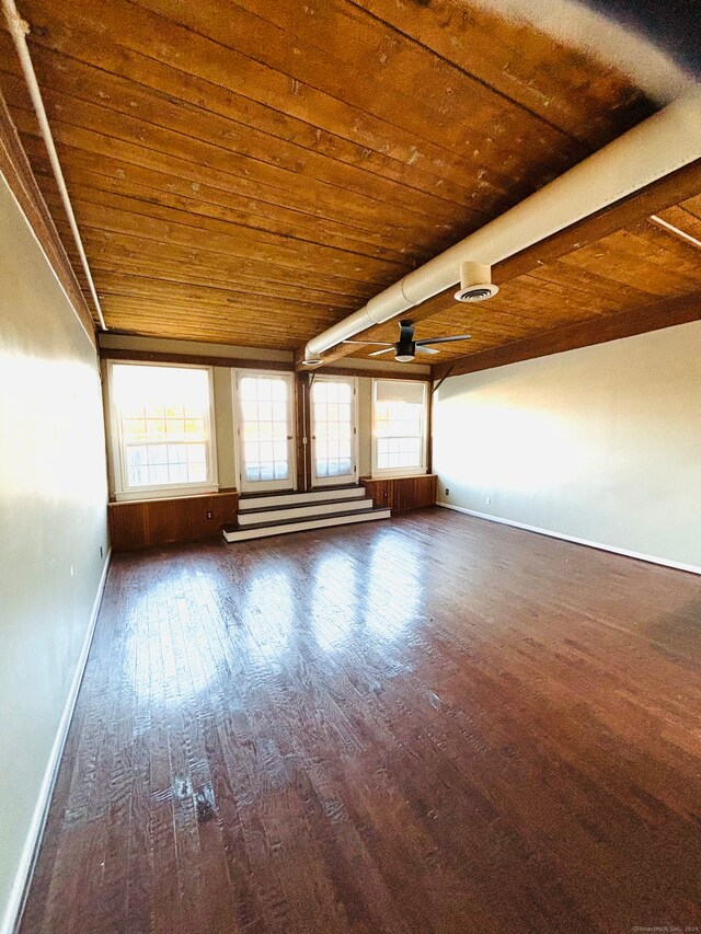 empty room with wood ceiling, dark wood-type flooring, and a baseboard radiator