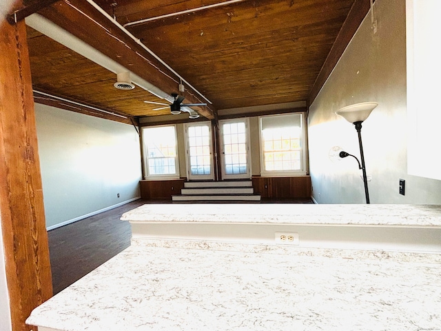 misc room featuring ceiling fan, dark hardwood / wood-style flooring, and wooden ceiling