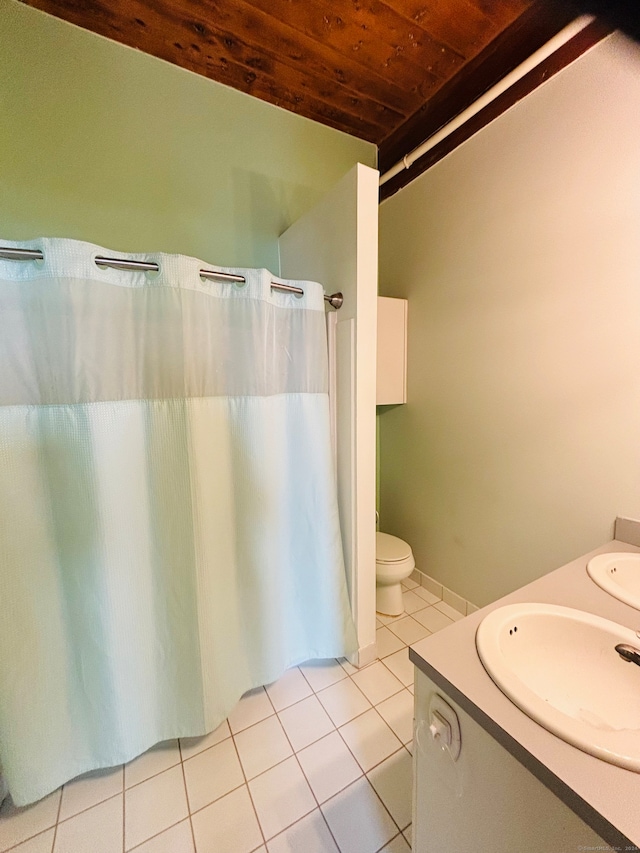 bathroom with tile patterned floors, vanity, toilet, and wooden ceiling