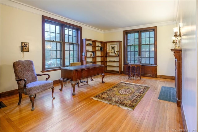 office featuring crown molding, light hardwood / wood-style flooring, and a fireplace