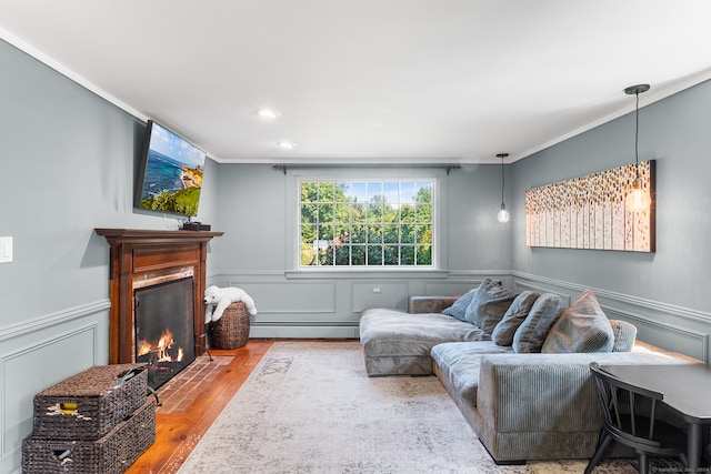 living room with wood-type flooring, baseboard heating, and crown molding