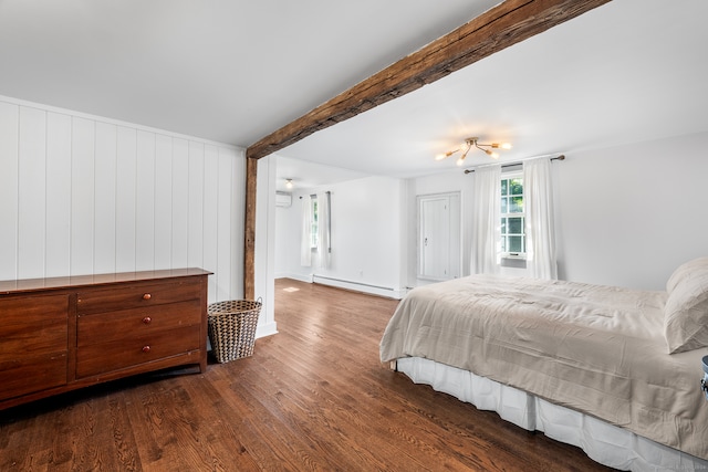 bedroom with beamed ceiling, a baseboard radiator, and dark wood-type flooring