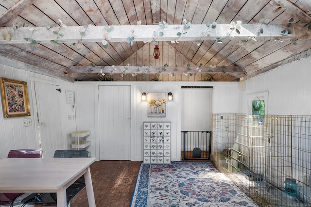 interior space with wooden walls and lofted ceiling