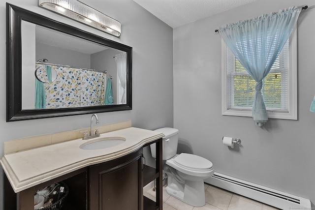 bathroom with vanity, a textured ceiling, a baseboard heating unit, tile patterned floors, and toilet