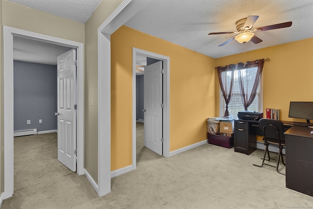 office area featuring a baseboard radiator, ceiling fan, light colored carpet, and a textured ceiling