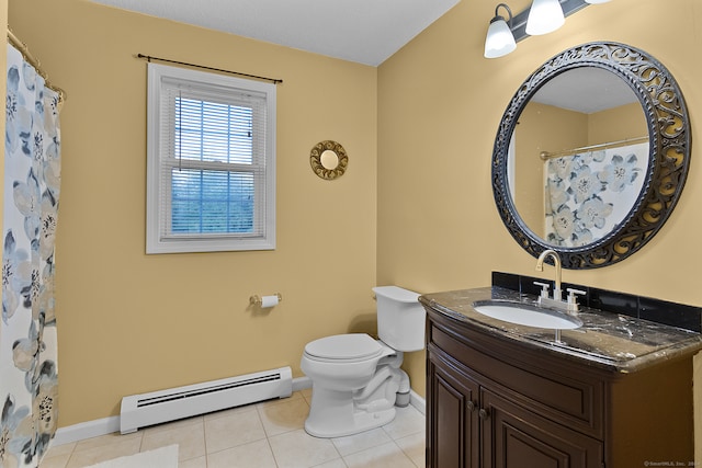 bathroom with vanity, tile patterned flooring, toilet, and a baseboard heating unit