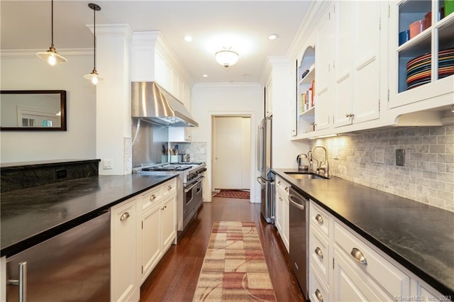 kitchen featuring backsplash, appliances with stainless steel finishes, sink, dark hardwood / wood-style floors, and ornamental molding