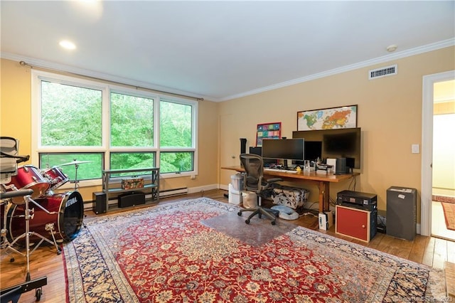 office with wood-type flooring, a baseboard radiator, and crown molding