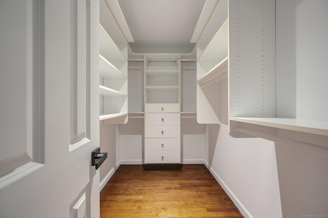 walk in closet with wood-type flooring