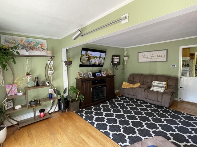 living room with wood-type flooring and ornamental molding