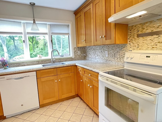 25 Old Middle Rd, Brookfield, CT 06804 - kitchen featuring white appliances, under cabinet range hood, a sink, tasteful backsplash, and light countertops