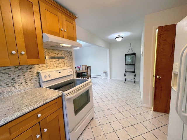 25 Old Middle Rd, Brookfield, CT 06804 - kitchen featuring under cabinet range hood, white appliances, tasteful backsplash, and brown cabinetry