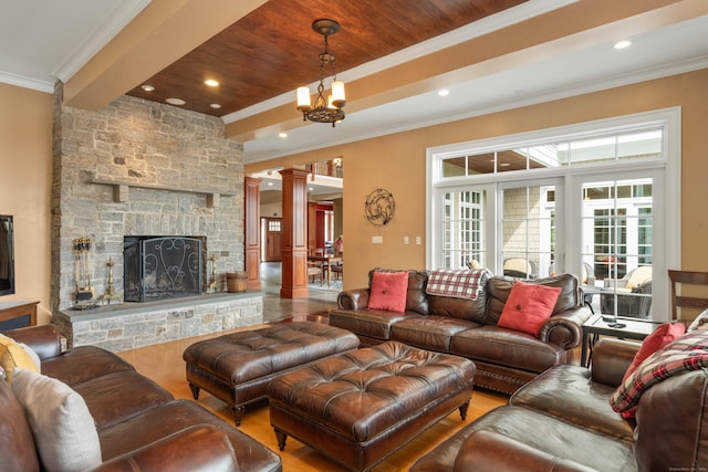 162 Balfour Dr, West Hartford, CT 06117 - living room with ornate columns, ornamental molding, plenty of natural light, wood finished floors, and recessed lighting