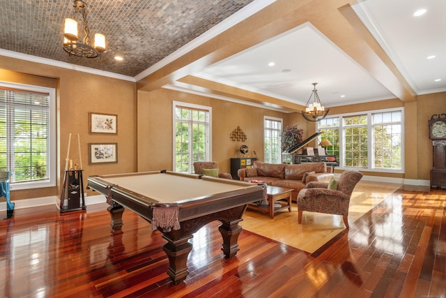 162 Balfour Dr, West Hartford, CT 06117 - rec room featuring a chandelier, hardwood / wood-style flooring, baseboards, crown molding, and recessed lighting