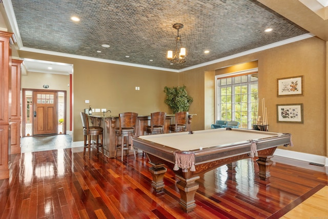 162 Balfour Dr, West Hartford, CT 06117 - rec room with baseboards, crown molding, pool table, hardwood / wood-style flooring, and a community bar