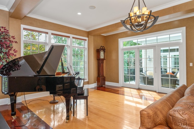 162 Balfour Dr, West Hartford, CT 06117 - sitting room featuring a chandelier, wood finished floors, crown molding, baseboards, and recessed lighting