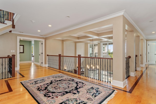 162 Balfour Dr, West Hartford, CT 06117 - hall featuring wood finished floors, crown molding, an upstairs landing, baseboards, and recessed lighting