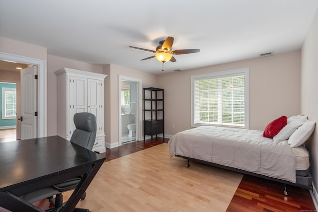 162 Balfour Dr, West Hartford, CT 06117 - bedroom featuring wood finished floors, a desk, baseboards, ceiling fan, and ensuite bath
