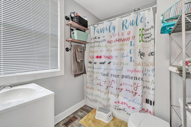 bathroom with vanity, toilet, a shower with curtain, and hardwood / wood-style flooring