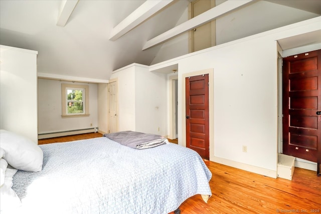 bedroom with lofted ceiling with beams, hardwood / wood-style floors, and a baseboard radiator