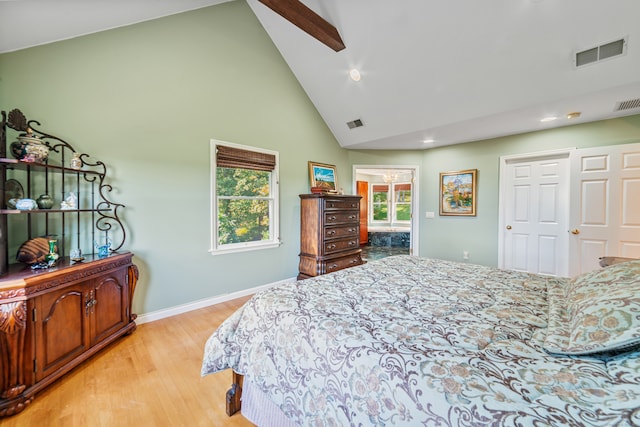 bedroom featuring visible vents, baseboards, high vaulted ceiling, recessed lighting, and light wood finished floors