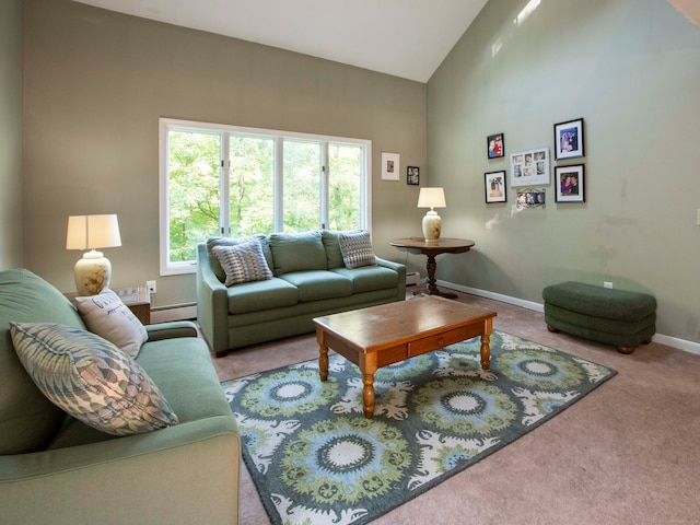 carpeted living room featuring high vaulted ceiling and baseboard heating