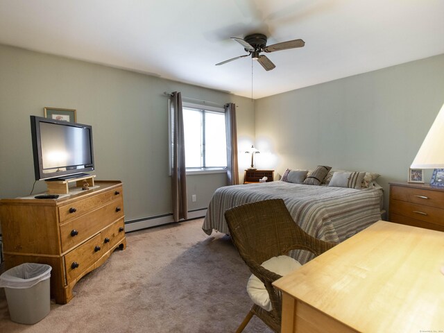 carpeted bedroom with ceiling fan and baseboard heating