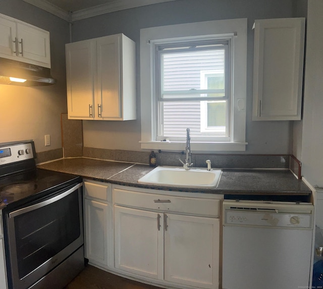 kitchen featuring crown molding, sink, electric stove, dishwasher, and white cabinetry