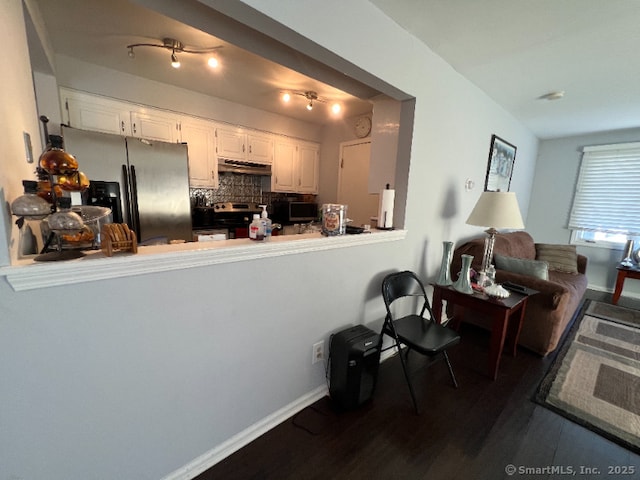 kitchen with white cabinets, dark wood finished floors, stainless steel appliances, tasteful backsplash, and under cabinet range hood