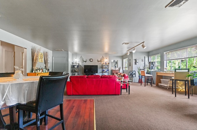 living room featuring carpet floors and rail lighting