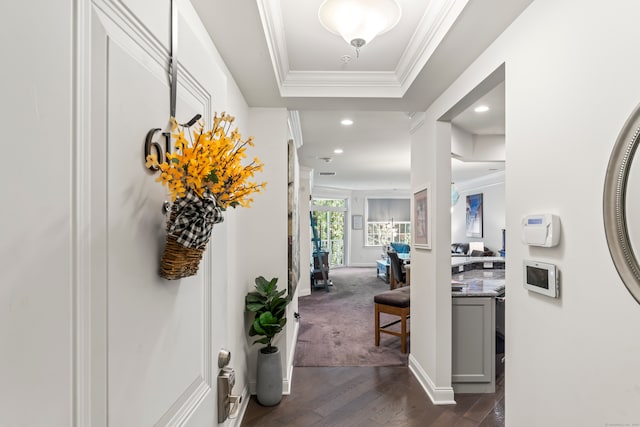 corridor with dark wood-type flooring, a raised ceiling, and crown molding