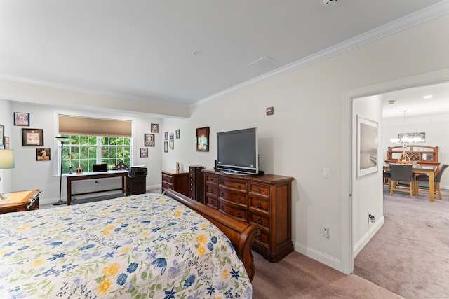 bedroom featuring crown molding and carpet flooring