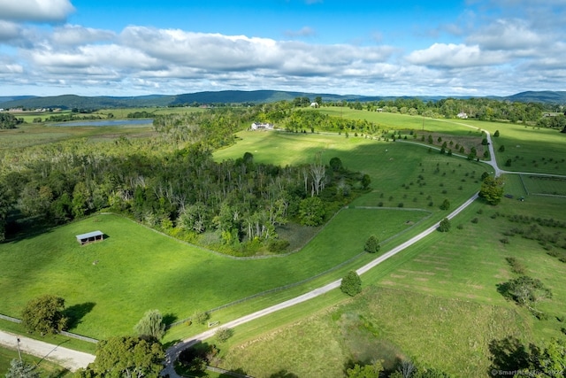 aerial view featuring a mountain view and a rural view