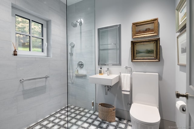 bathroom featuring toilet, sink, and walk in shower