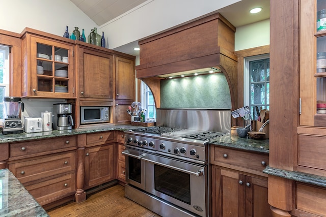 kitchen with custom range hood, light wood-type flooring, stainless steel appliances, lofted ceiling, and dark stone countertops