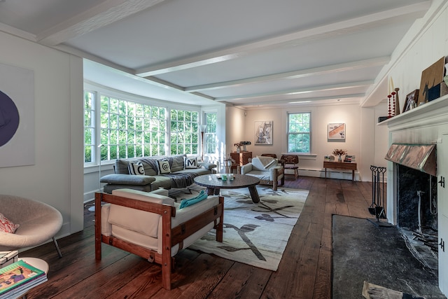 living room with dark wood-type flooring, beam ceiling, and baseboard heating