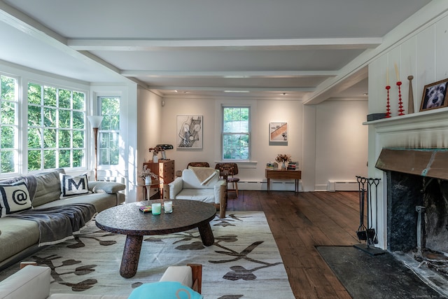 living room featuring dark hardwood / wood-style floors, beamed ceiling, a baseboard heating unit, a premium fireplace, and ornamental molding