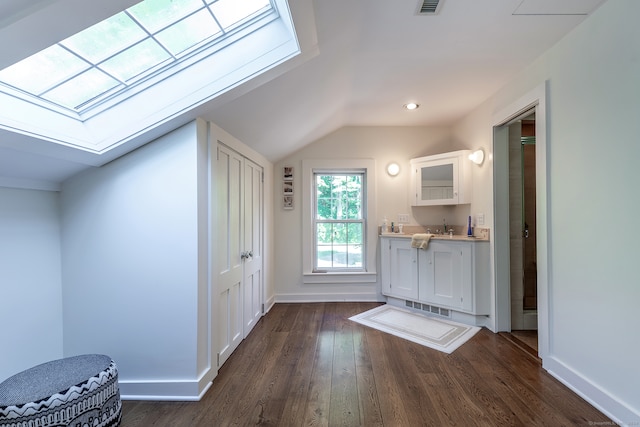 interior space featuring sink, dark wood-type flooring, and vaulted ceiling with skylight