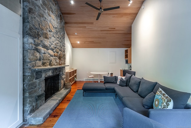 living room with a stone fireplace, hardwood / wood-style floors, ceiling fan, wooden ceiling, and high vaulted ceiling