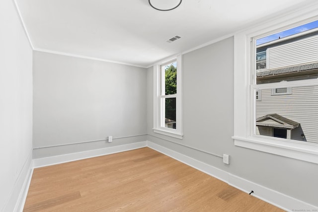 spare room featuring light wood-type flooring and ornamental molding