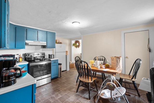 kitchen featuring white refrigerator, electric stove, and blue cabinets