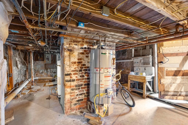 basement with gas water heater and electric panel