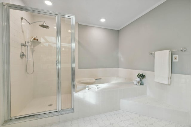 bathroom featuring crown molding and plus walk in shower