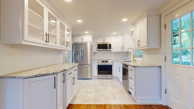 kitchen featuring light stone countertops, plenty of natural light, a sink, backsplash, and stainless steel appliances