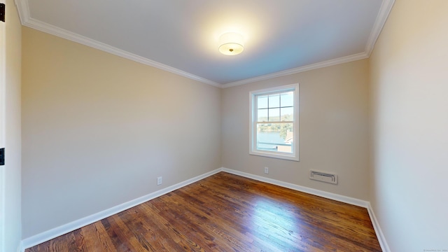 empty room with crown molding, baseboards, and dark wood finished floors