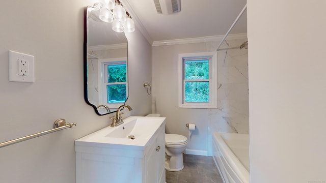 full bathroom with toilet, vanity, tub / shower combination, and ornamental molding